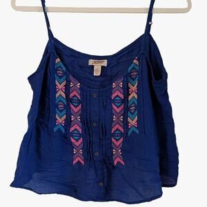 Boho Embroidered Gauze Tank Top Blue Semi Sheer Festival Cami Size S Flowy